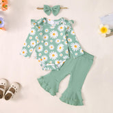 3PCS Fresh Daisy Printed Long Sleeve Flared Pants Baby Set