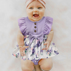 2PCS Cute Floral Printed Ruffled Sleeveless Baby Romper