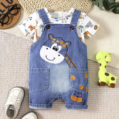2PCS Cute Animal Printed Top And Embroidered Denim Overalls Baby Set