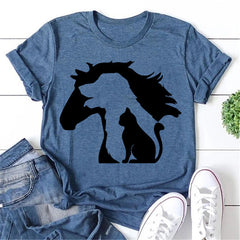 Lovely Horse Dog Cat Print Women Slogan T-Shirt