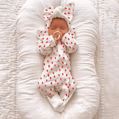 2PCS Strawberry Printed Ruffle Decor Knit Baby Jumpsuit