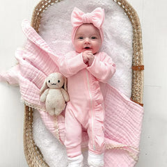 2PCS Solid Color Long Sleeve Ruffle Zipper Baby Jumpsuit