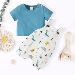 2PCS Cute Cartoon Dinosaur Printed Short Sleeve Baby Set