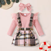 3PCS Sweet Solid Color Ruffle Decor Plaid Printed Baby Set