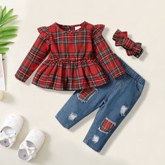 3PCS Christmas Plaid Printed Baby Set