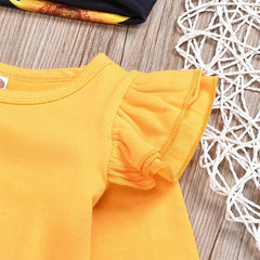 3PCS Sunflower Flutter-sleeve Bodysuit+ Pants +Headband Set