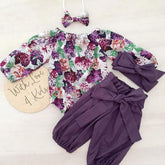 Floral Romper with Bowknot Decor Pants Set