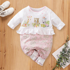 Lovely Three Animals Printed Fold Edge Long-sleeve Baby Girl Jumpsuit