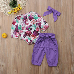 Floral Romper with Bowknot Decor Pants Set