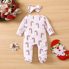 2PCS Lovely Organic Waffle Candy Cane Printed Baby Jumpsuit