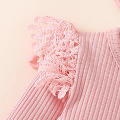 3PCS Sweet Solid Color Ruffle Decor Plaid Printed Baby Set