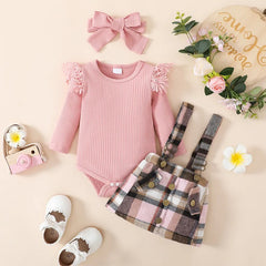 3PCS Sweet Solid Color Ruffle Decor Plaid Printed Baby Set