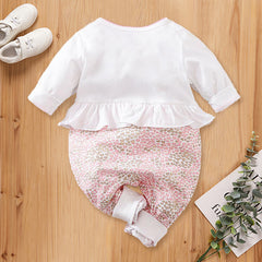 Lovely Three Animals Printed Fold Edge Long-sleeve Baby Girl Jumpsuit