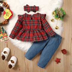 3PCS Christmas Plaid Printed Baby Set