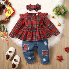 3PCS Christmas Plaid Printed Baby Set