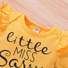 3PCS Sunflower Short Sleeve Letter Printed Bodysuit with Floral Printed Set