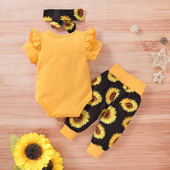 3PCS Sunflower Short Sleeve Letter Printed Bodysuit with Floral Printed Set