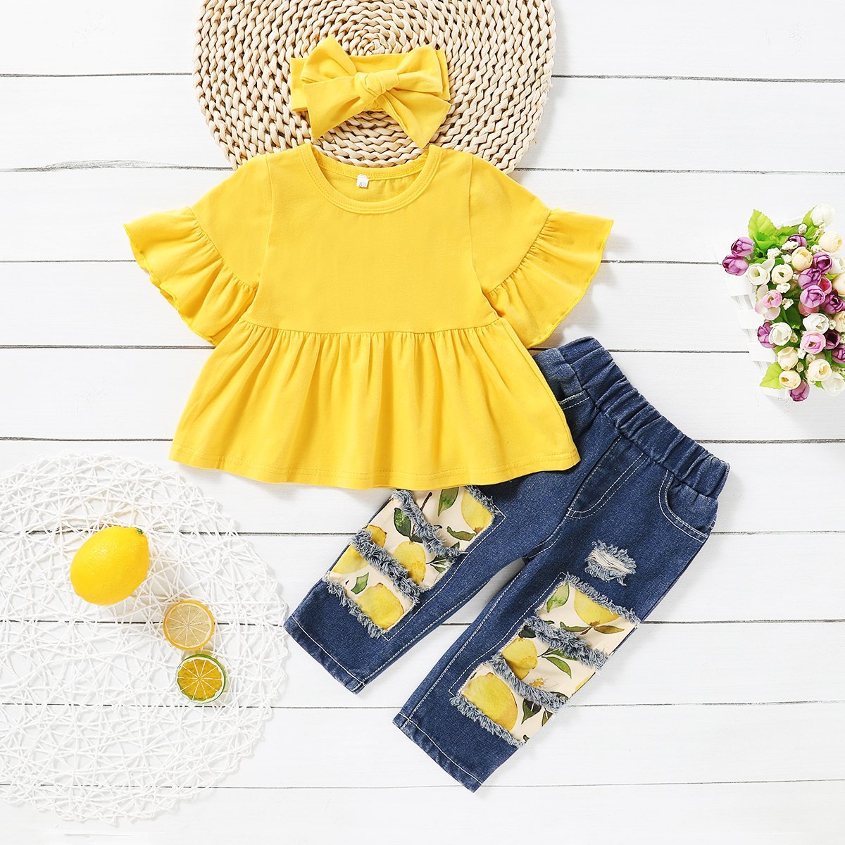 3PCS Baby/Toddler Solid Top and Floral Jean Set – ihohoho