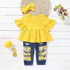 3PCS Baby/Toddler Solid Top and Floral Jean Set