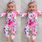2PCS Infant Baby Long Sleeve Floral Printed Zipper Jumpsuit