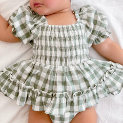 2PCS Lovely Green Plaid Printed Baby Romper