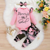 3PCS "Mommy's Little Girl" Letter Printed Rufffled Romper With Camouflage Printed Pants Baby Girl Set