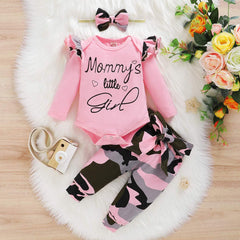 3PCS "Mommy's Little Girl" Letter Printed Rufffled Romper With Camouflage Printed Pants Baby Girl Set