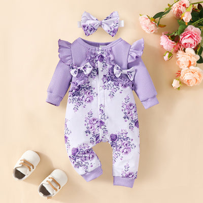 2PCS Sweet Floral Printed Long Sleeve Baby Jumpsuit