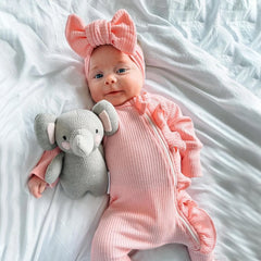 2PCS Solid Color Long Sleeve Ruffle Zipper Baby Jumpsuit