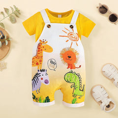 2PCS Cartoon Animal Printed Short Sleeve Overalls Baby Set