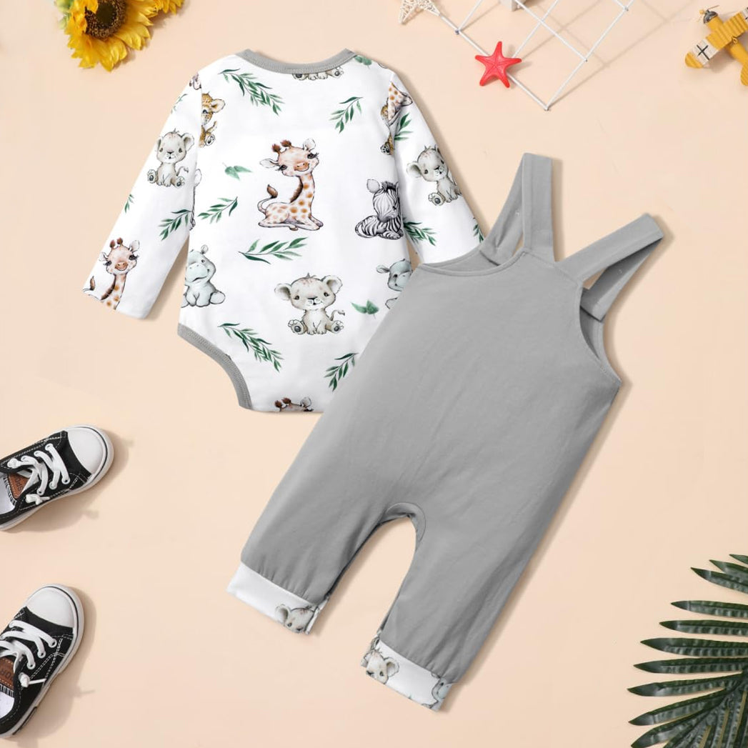 2PCS Cute Animal Printed Long Sleeve Overalls Baby Set