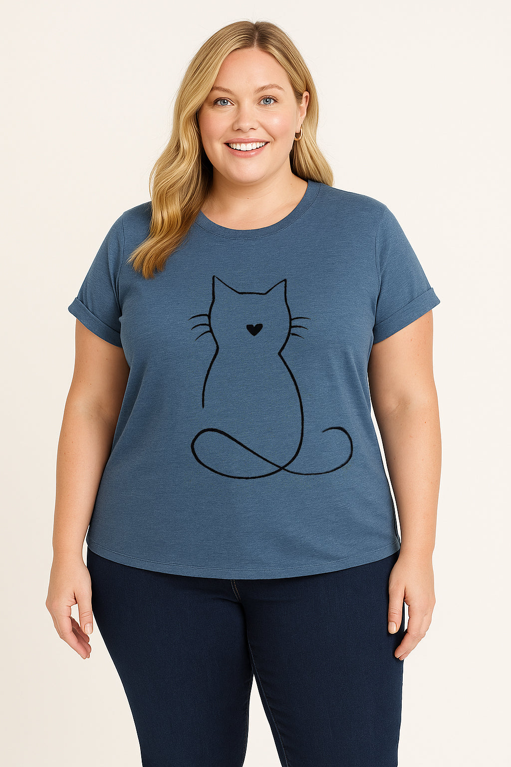 Line Cat Print Crew Neck Short Sleeve Plus Size T-Shirt