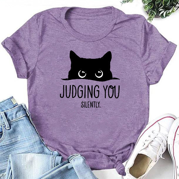 Judging You Slilently Cat Print Women Slogan Plus Size T-shirt
