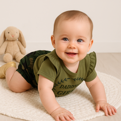 Conjunto de bebê ”Daddys Girl“ com babados e shorts camuflados