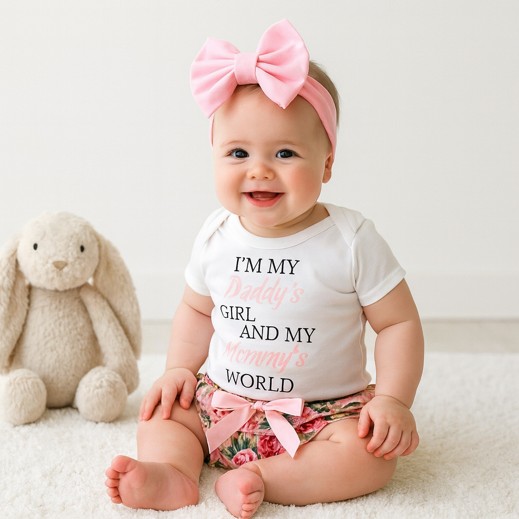 Body com estampa de letras, shorts florais e faixa de cabeça