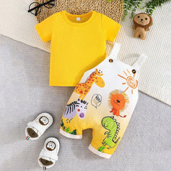 2PCS Cartoon Animal Printed Short Sleeve Overalls Baby Set