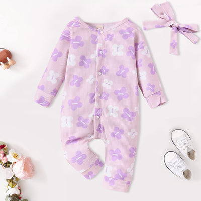 2PCS Pretty Fall Floral Printed Long Sleeve Baby Jumpsuit