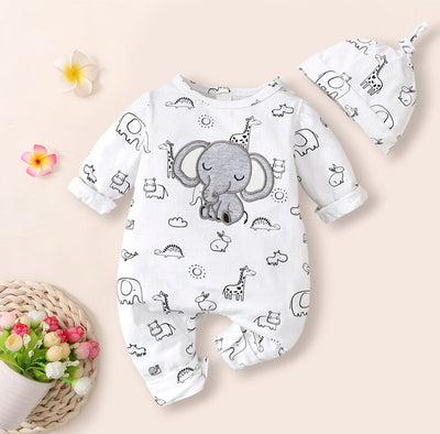 2PCS Adorable Cartoon Animal Printed Baby Jumpsuit