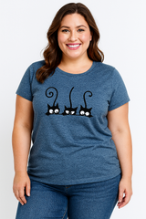 Cat Cartoon Print Cotton Plus Size T-shirt