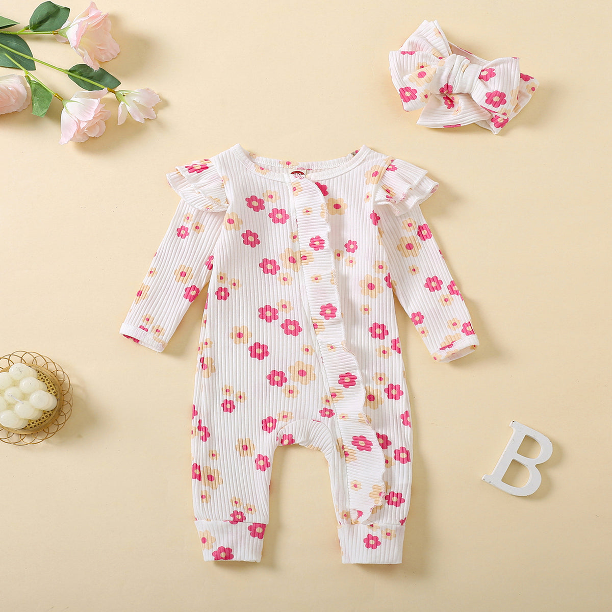 2PCS Sweet Floral Printed Ruffle Decor Long Sleeve Baby Jumpsuit