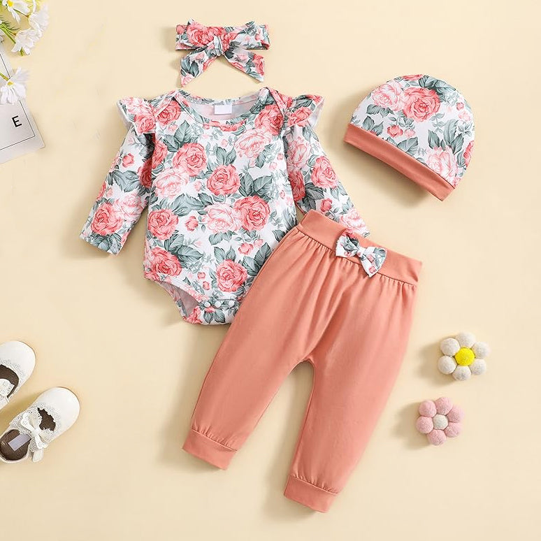 4PCS Sweet Floral Printed Long Sleeve Baby Set