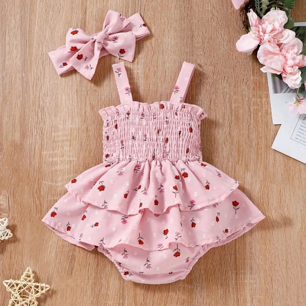 2PCS Sweet All Over Floral Printed Sleeveless Baby Girl Romper