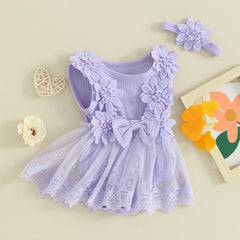 2PCS Sweet Solid Color Floral Printed Baby Romper