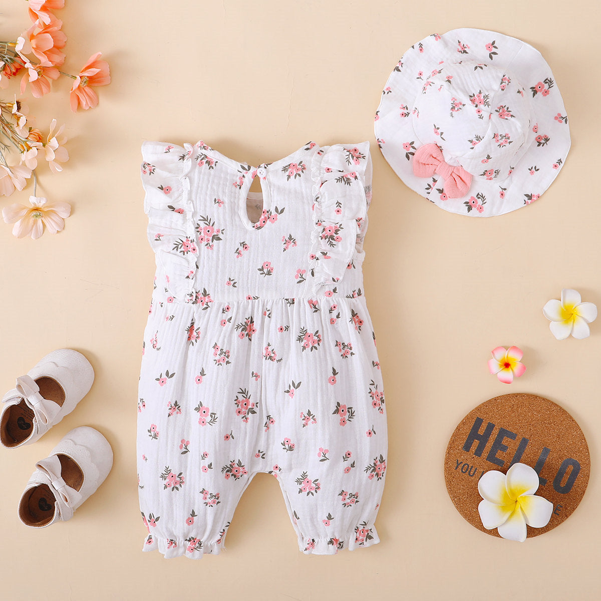 2 PCS Macacão sem mangas para bebê com estampa floral bonita