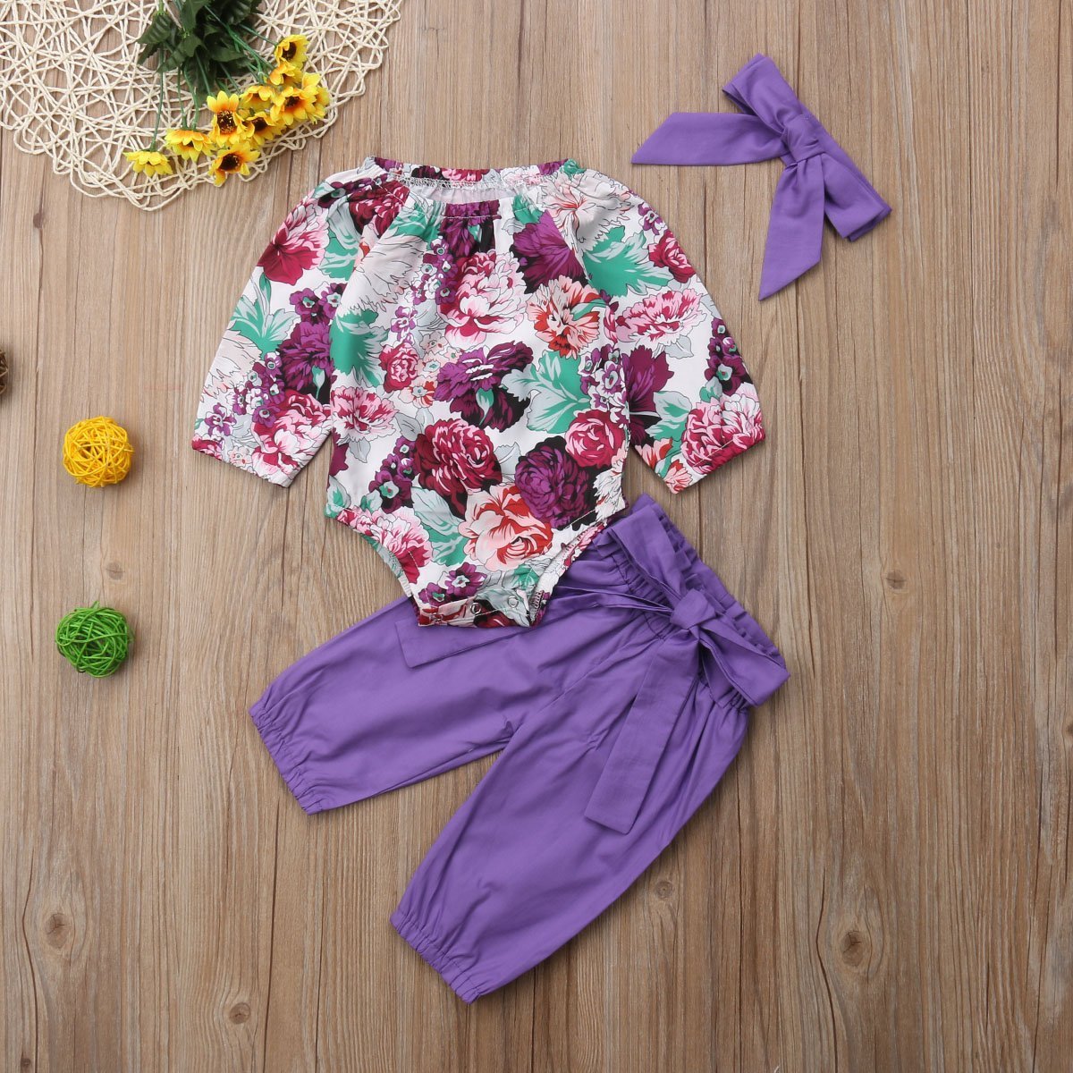 Floral Romper with Bowknot Decor Pants Set