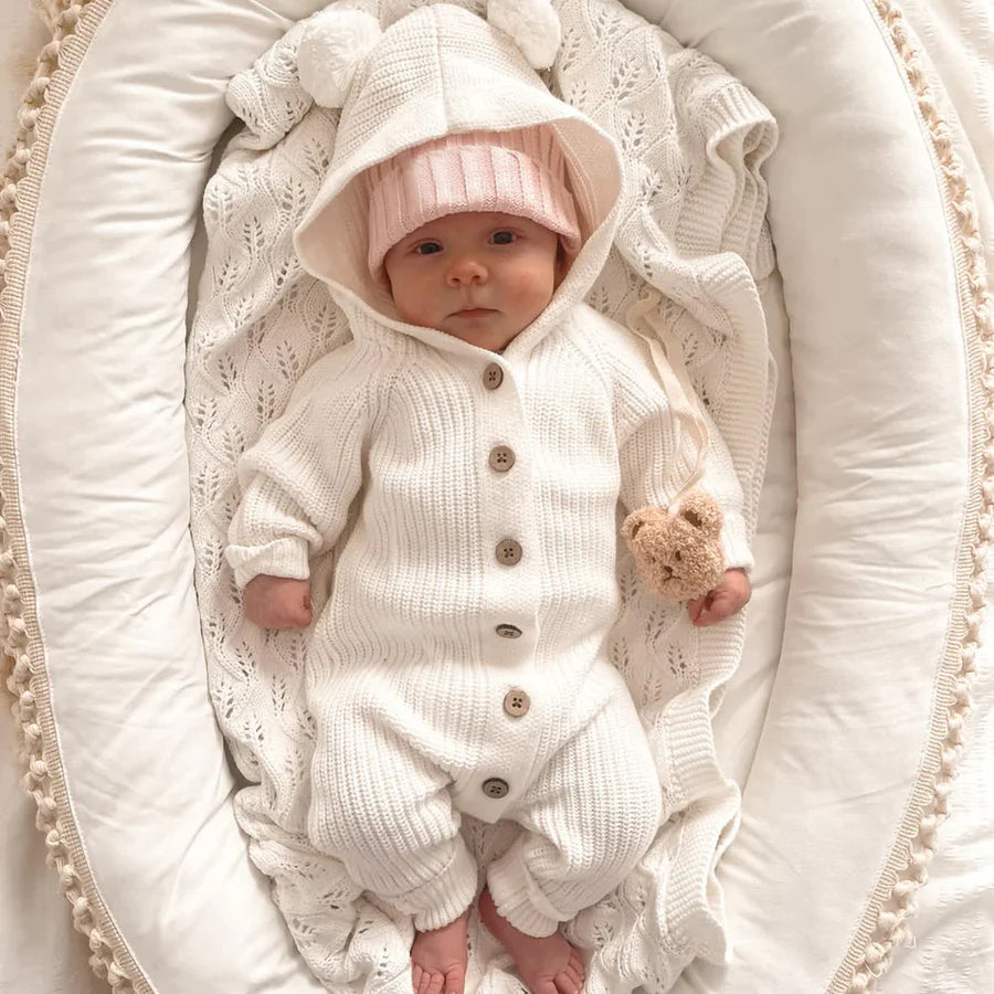 Jolie combinaison à capuche à manches longues pour bébé de couleur unie
