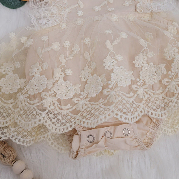 Pretty Solid Color Printed Lace Decor Sleeveless Baby Girl Romper