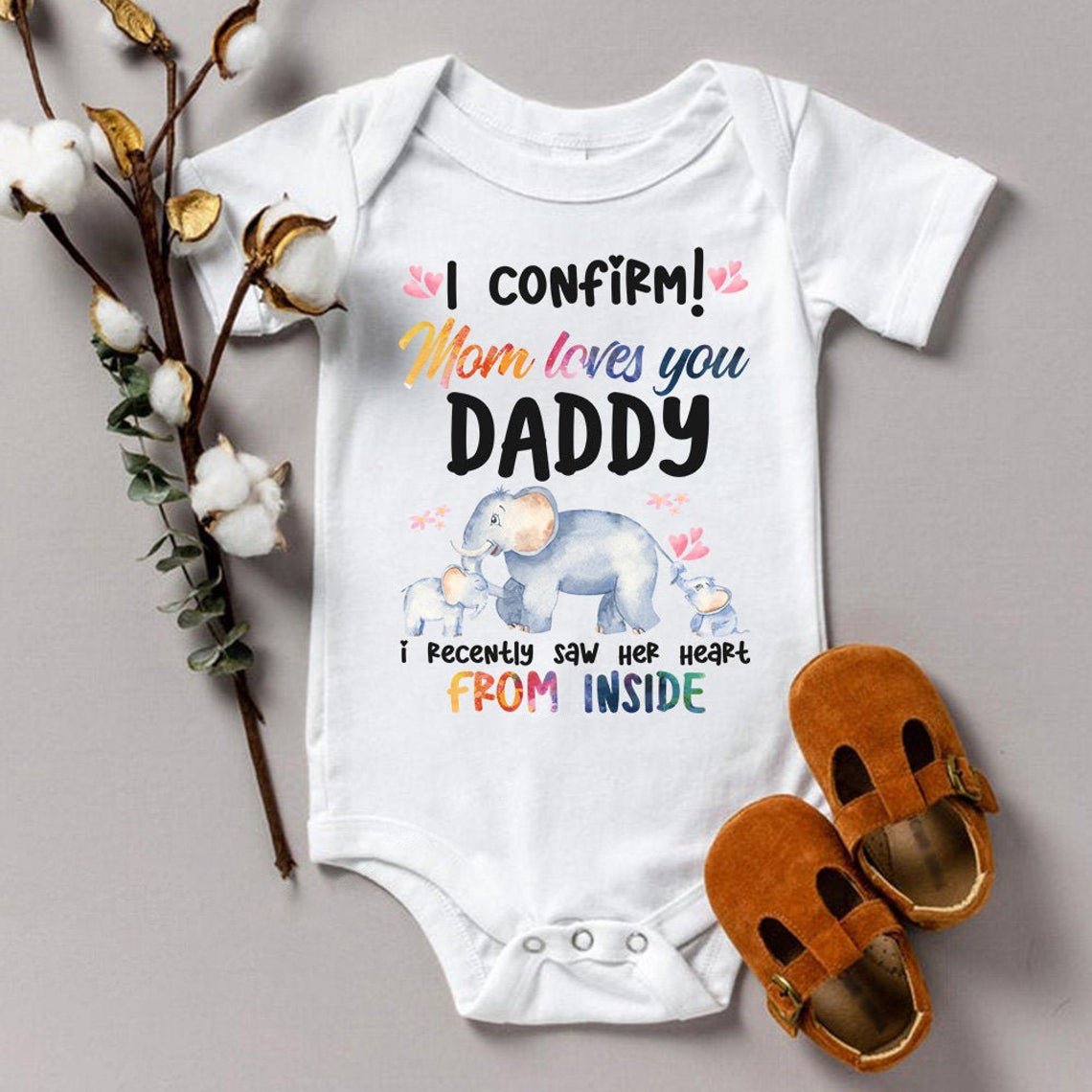 Barboteuse imprimée pour bébé, joli éléphant, je confirme que maman aime papa