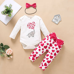 Ensemble 3 pièces pour bébé, barboteuse imprimée éléphant de dessin animé avec pantalons imprimés cœurs