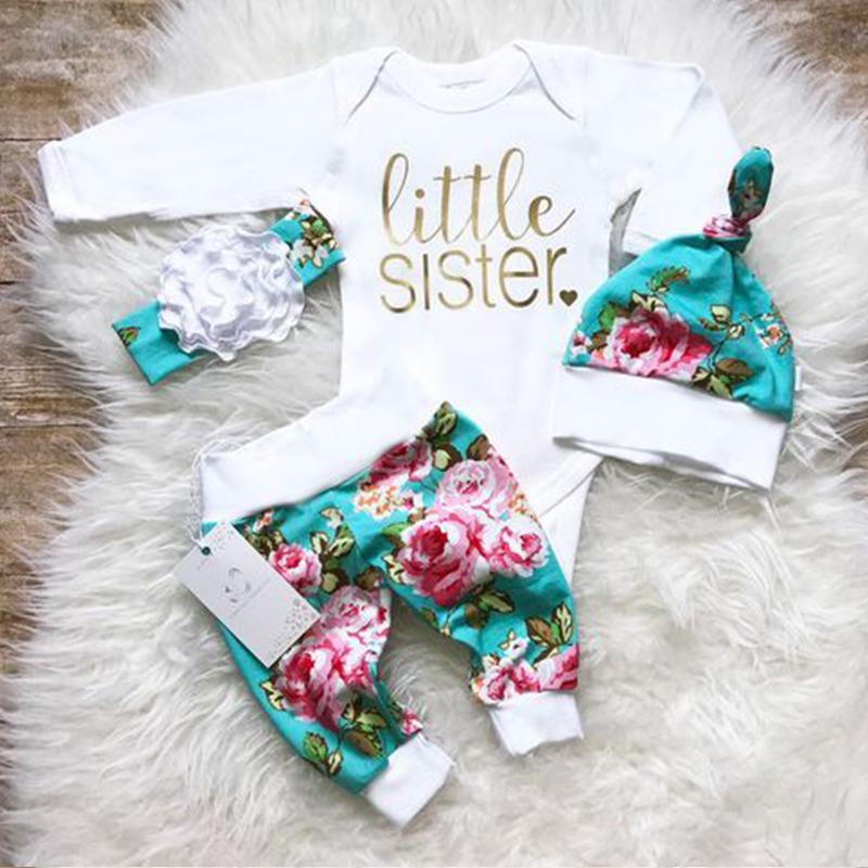 Barboteuse imprimée avec lettres «petite sœur», 4 pièces, pantalon imprimé Floral, ensemble pour bébé fille